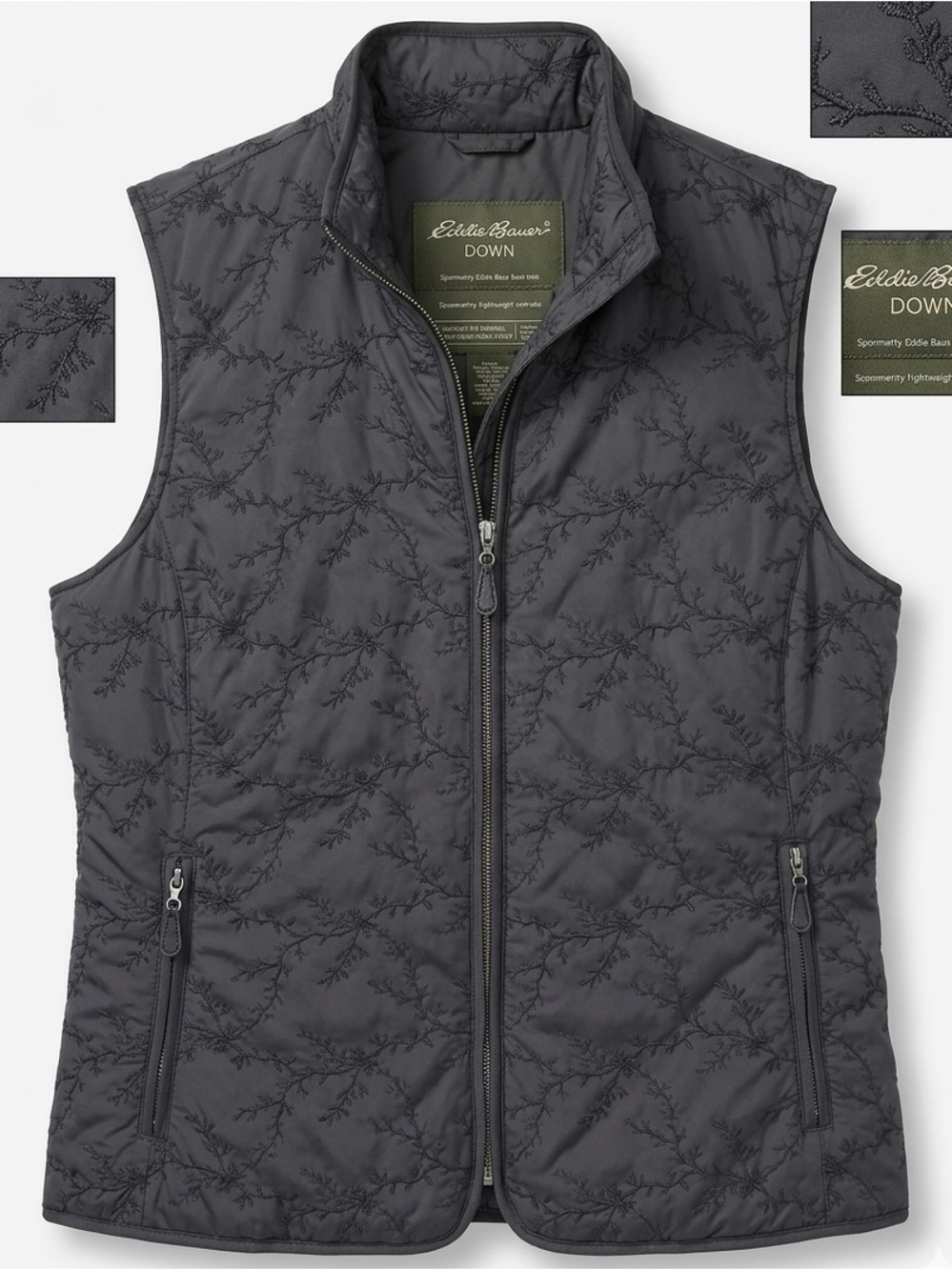 Eddie Bauer Quilted Down Vest in Charcoal with Botanical Branch Stitching
